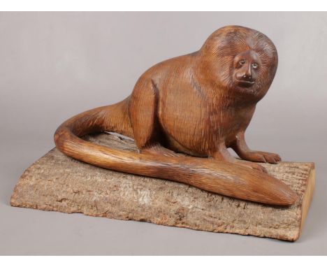 An Oak sculpture of a Golden Lion Tamarin (Monkey) on a slice of tree trunk. H: 23cm, W: 34cm.  Condition good.