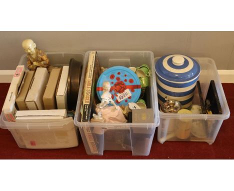 Three boxes of miscellaneous. Midwinter 'Brama' tea set, Royal Doulton cabinet plates (boxed), Table soccer game (boxed) exam