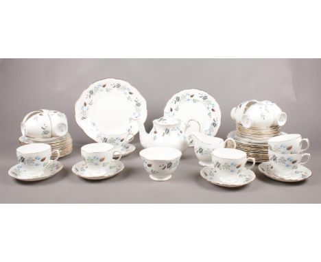 A Colclough tea service. Teapot, milk jug, sugar bowl, tea cups/ saucers, tea plates examples etc.  