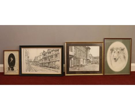 Four framed pictures - comprising of three prints and one pen & ink drawing. To include, a pen & ink drawing of 'Stonegate' i