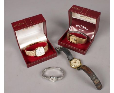 A collection of wristwatches. Includes two boxed Rotary quartz wristwatches, a Sekonda manual and another vintage manual exam