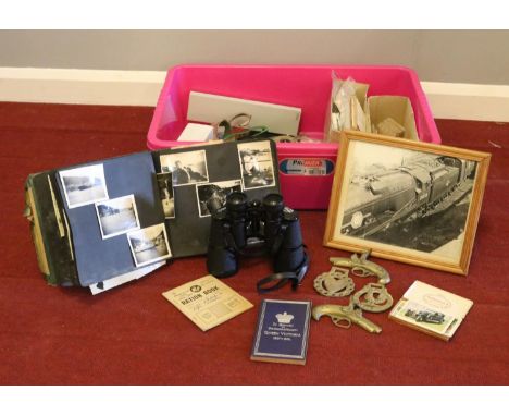 A box of collectables. A Photo album of vintage black &amp; white photo's,, Ministry of Food Ration Book 1953-1954, Doncella 