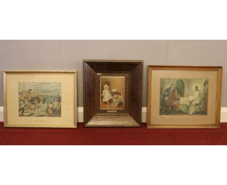 Three framed prints - comprising of 'Early morning At Yarmouth' a religious scene and print named 'A Tangled Shoe String'. Re