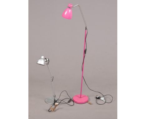 Two lamps - comprising of a pink floor lamp with circular base and a silver coloured desk lamp. Pink lamp:-H: 130cmDesk lamp: