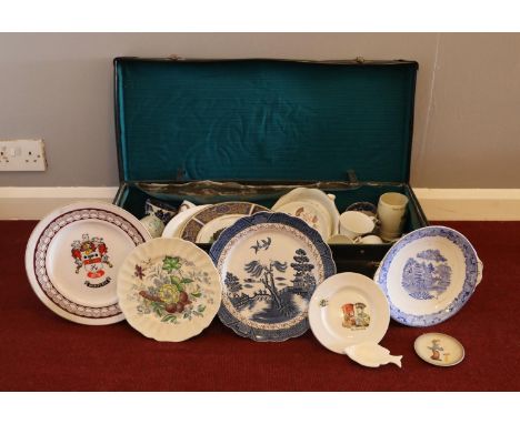 A suitcase containing an assortment of ceramics, to include; 'Wedgwood' Wild Strawberry, 'Spode' Velamour, 'Goebel' Little mu