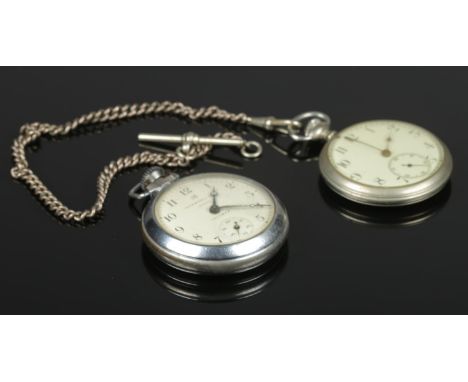 Two white metal pocket watches. Includes Ingersoll Triumph and the other on white metal albert chain.  