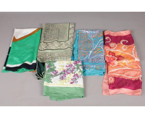 A selection of five vintage scarfs including (3 silk). Average size: L:78cm, W:76cm.  Some some damage and small holes.