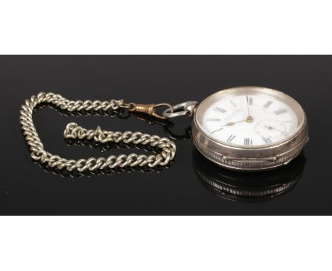 A H Samuel silver pocket watch on albert chain. Pocket watch stamped 935, albert chain unmarked.  