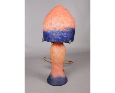 Art Nouveau-style orange and blue mottled glass table lamp with mushroom shaped shade. H: 40cm, W:15cm.  This lamp has not be