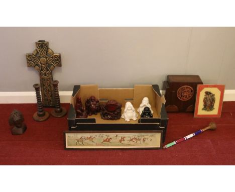 A box of miscellaneous - comprising of two oak turned candle sticks, three carved oriental figures an African beaded club and