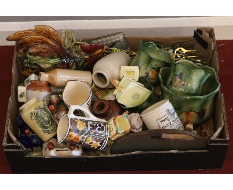 A box of miscellaneous. Including stoneware, large ceramic cockerel, cottage ware ceramics, etc.  