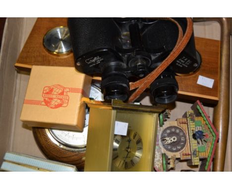 A set of Crystal binoculars 7x50; an oak barometer; carriage clock;  etc