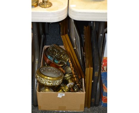 A gilt framed mirror; triptych print;  brassware;  etc  