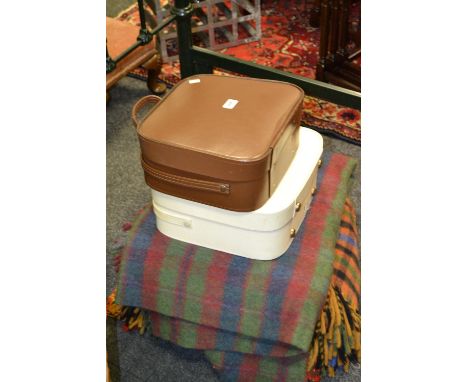 A vintage vanity case, another; wool tartan picnic blankets , faux fur throws;  etc 