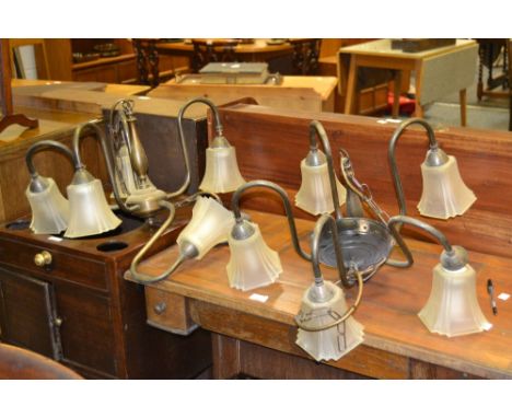 Lighting - brass five light chandelier, others; contemporary wall light fittings.