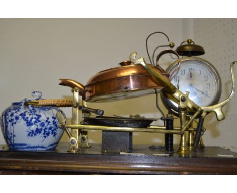An unusual early 20th Century teasmaid, with alarm clock, copper kettle and Chinese blue and white teapot