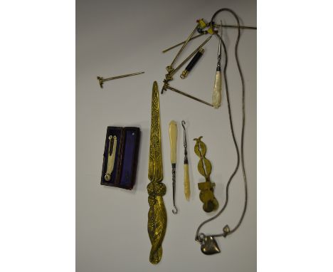 A set of sovereign scales; manicure set;  an enamelled cockerel cocktail stick;  etc 