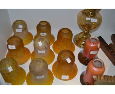 Lighting - A Victorian brass oil lamp converted to electricity; various glass light shades
