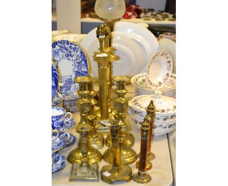 Metal Ware - a pair of brass candle sticks;  a brass Corinthian column candle stick;  others,  etc 