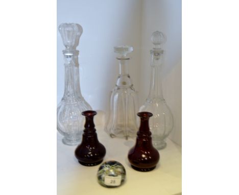 A pair of ruby glass decanters, others, clear glass; a Caithness paperweight Limited Edition 376/1000