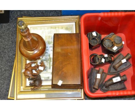 A set of  cast iron weights, measuring 5 and 2 kilos, 4 pounds etc;  three flat irons;  a cedar lined box;  table lamp; print