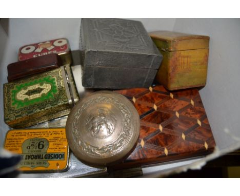 Ephemera - a 19th century circular snuff tin ; an Art Nouveau style pewter cigarette box, cedar lined; an Art Deco silver pla