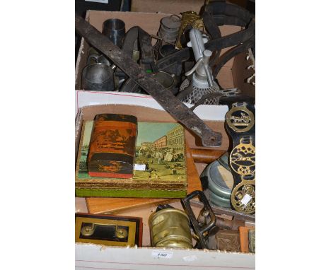 Pewter tankards, door furniture, horse brasses; musical box; boxed scales; etc (2 boxes)