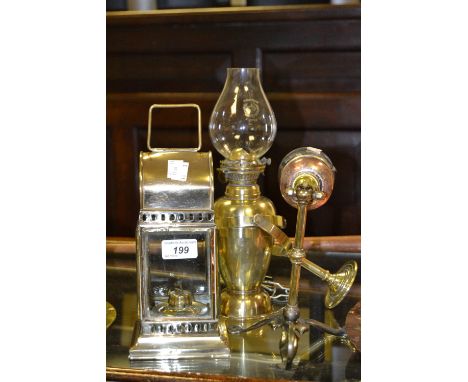 Lighting - a copper and brass side lamp; a wall hanging lamp; an unusual ships oil lamp on a gimbal (3)