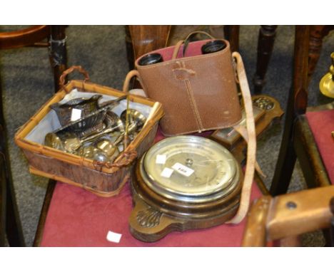 An oak barometer, c.1930;  a pair of Wray, London binoculars, old keys;  etc 