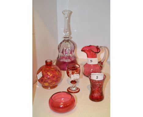 A Victorian Cranberry glass jug, c 1880; other Ruby Flash and Bohemian glass (6)