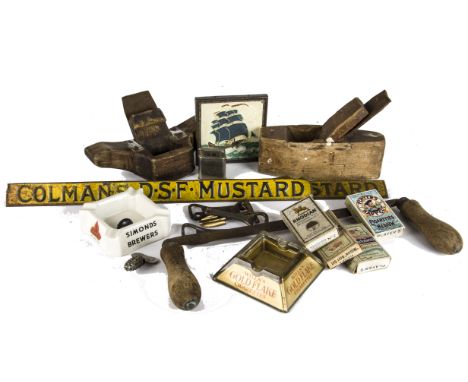 Ephemera, two Colmans DSF Mustard, shelf edging signs, 3.5cm x 44.5cm, together with a selection of vintage wood working tool