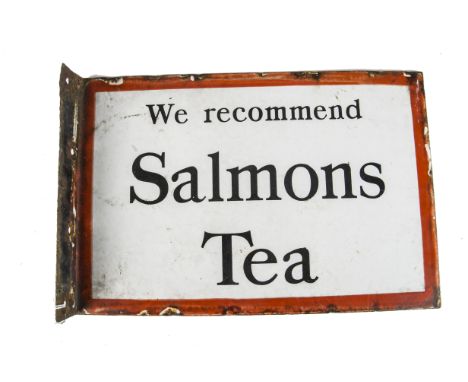 Ephemera, a Salmons Tea, enamel sign, side mounting, double sided, white ground black writing and red border, some edge chips