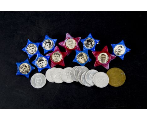 Football badges, `seven plastic Chelsea blue stars with photographs and names of 1960/70s players including Ron Harris and Te