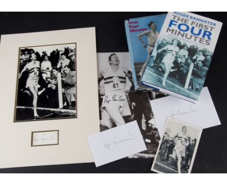 Roger Bannister, eight signed items, a photograph with COA, two 'First Four Minutes, same book old and new, postcard, persona