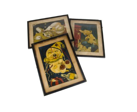 Bonzo, a group of three Bonzo the dog comical paintings, of mixed media, hightened in white and overpainted with varnish, one