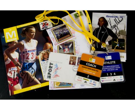 Athletics, three signed magazine pictures, Kris Akabusi, Liz McColgan, Geoff Capes, 1992 3 first day covers, 1996 first day c