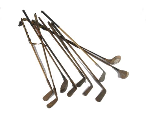Golf Clubs, ten clubs that includes seven wooden (hickory) irons, one with a square grip and three woods, two wooden and one 
