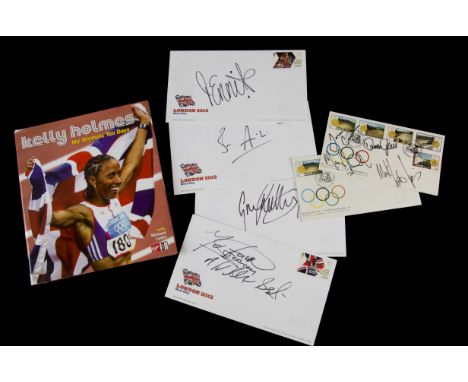 Athletics, a Kelly Holmes signed book, 2004 gold relay team signed first day cover and four signed envelopes, Jessica Ennis, 