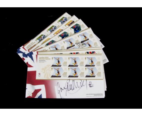 2012 Olympics, twenty nine first day covers one signed up by Chris Hoy plus four more signed by Greg Rutherford, Jessica Enni