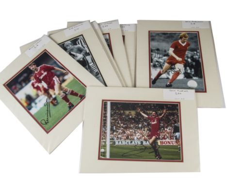 Football photographs, sixteen card framed all have signatures including Jimmy Greaves, Tom Finney, Dave Mackay and Bob Moncur