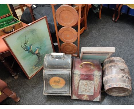 2 COAL SCUTTLES, CAKESTAND, PRINT, WASHBOARD AND MINI BARRELL