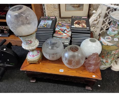 4 OIL LAMP SHADES AND CERAMIC CANISTER OIL LAMP BASE
