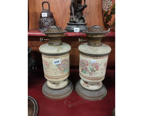 PAIR OF CERAMIC CANISTER OIL LAMPS, J HINKS AND SON LTD NUMBERED 245 - 32CM TALL