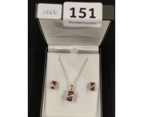 PAIR OF 9CT GOLD DIAMOND AND AMETHYST EARRINGS AND MATCHING PENDANT ON (CT GOLD CHAIN