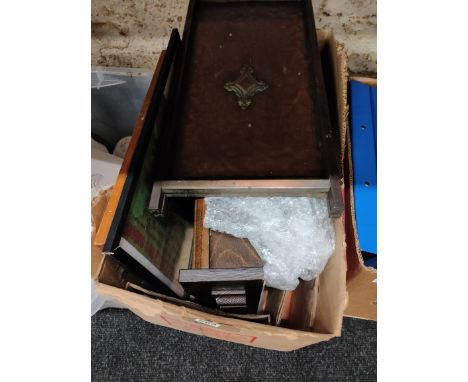 BOX OF CLOCKS, PRINTS AND FIRESCREEN