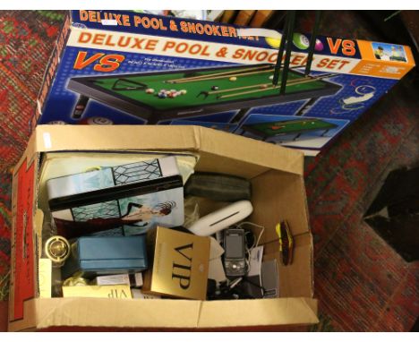 A box of miscellaneous including digital camera, books and boxed Deluxe pool and snooker set.