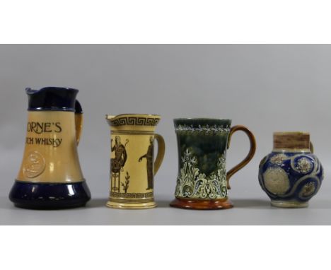 Three Royal Doulton stoneware jugs to include moulded example and Thornes Scotch Whiskey advertising example along with Germa
