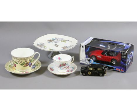 A small collection of ceramics to include Midwinter, cabinet cups and saucers and two diecast vehicles.