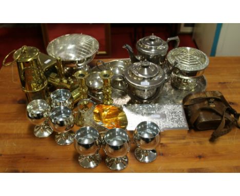 A collection of metalwares to include silver plated four piece teaset on gallery tray, Eccles miners lamp, binoculars, rose b