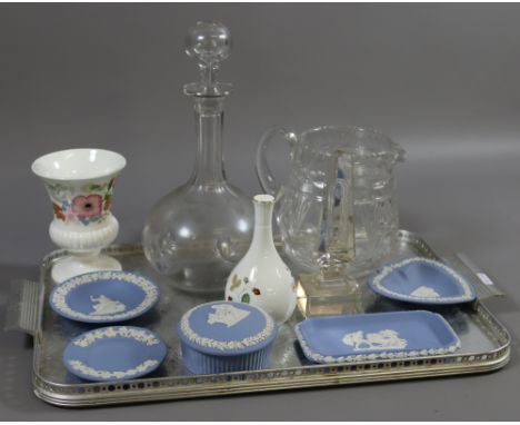 A tray containing five pieces of Wedgwood Jasperware, two Wedgwood vases and three items of glassware including a decanter.